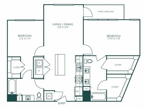 Floor plan for 2 beds, 2 baths, 1149 sqft